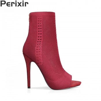 Perixir Stretch Fabric Peep Toe Hollow Out Half Mid Calf Boots for Women Shoes 12cm Super High Heel Boots Rome Style Botas Mujer